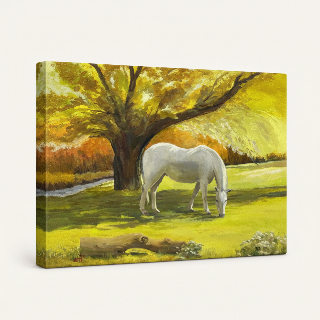Gallery-wrapped white horse autumn landscape canvas, 3/4 angle showing golden foliage wrap edges