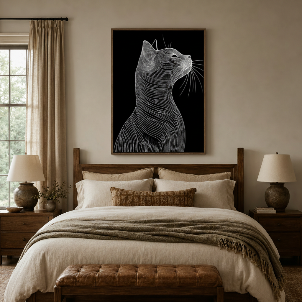 Black cat fine line etching canvas above dark walnut bed frame in cozy neutral bedroom