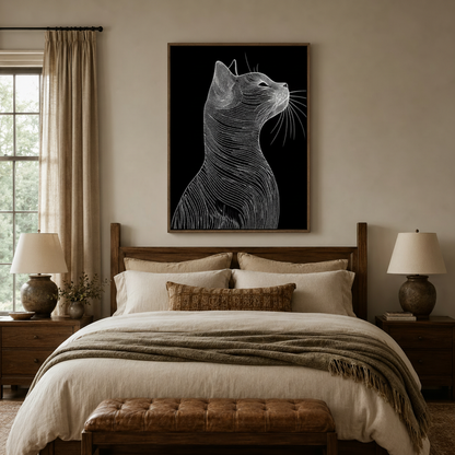 Black cat fine line etching canvas above dark walnut bed frame in cozy neutral bedroom