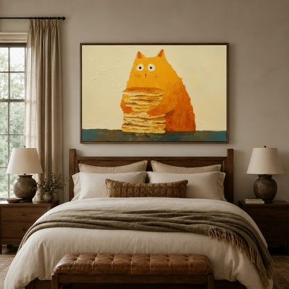 Fat cat pancake canvas art hanging above bed in warm neutral bedroom with table lamps