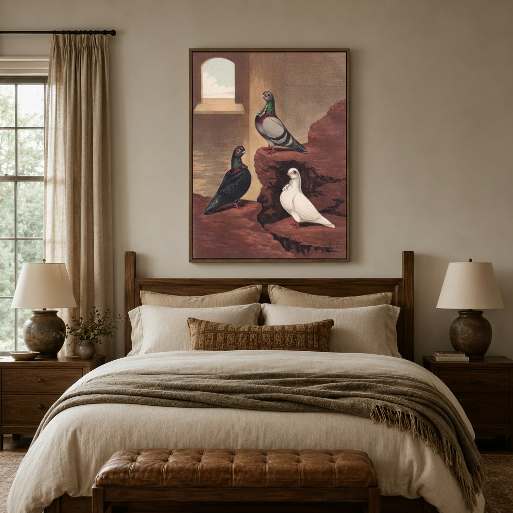 Victorian pigeon canvas wall art displayed above bed in a cozy rustic farmhouse-style bedroom