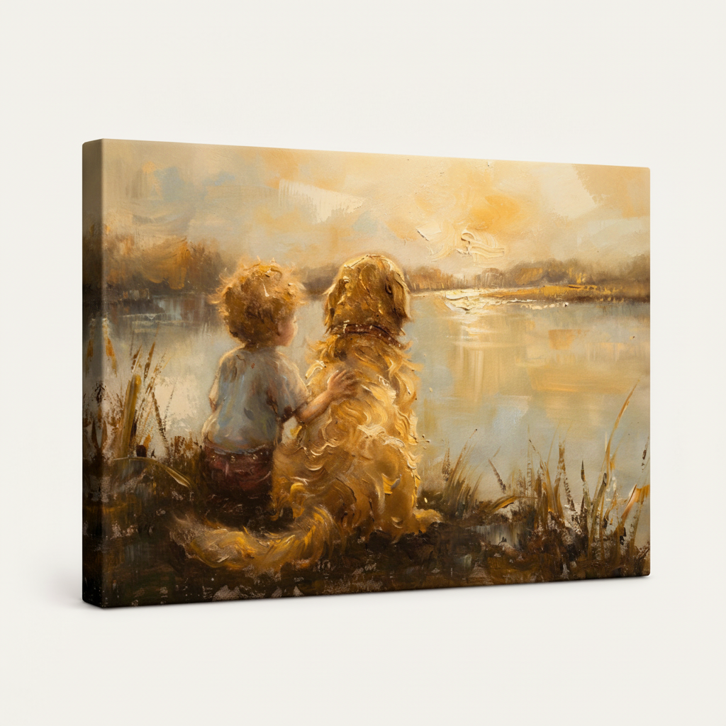 Gallery wrapped child and dog sunset lake impressionist canvas side view showing warm golden tones wrapping edges