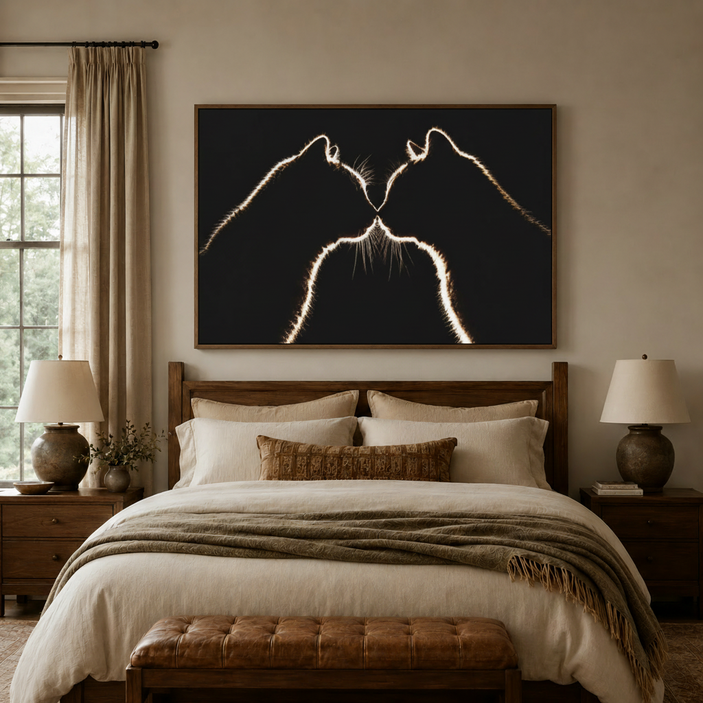 Large horizontal black gold cat canvas art centered above wooden bed headboard in bedroom
