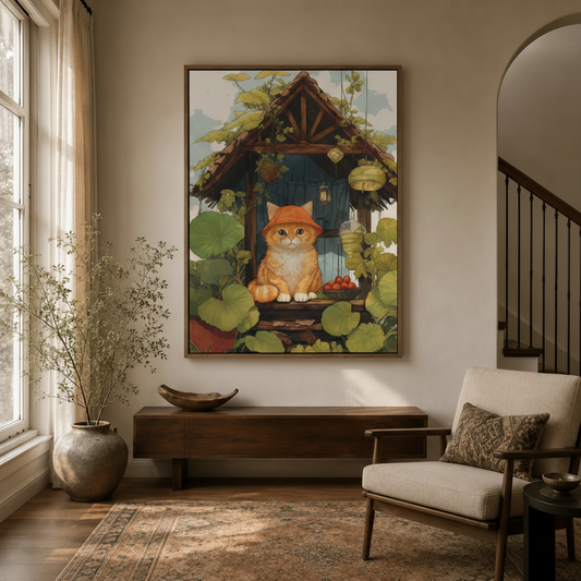 Whimsical cat cottage garden canvas wall art displayed in bright entryway above dark console