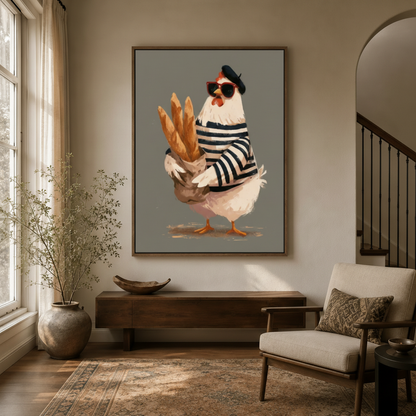 Whimsical chicken in sunglasses and beret illustration canvas displayed in bright entryway foyer with arched doorway