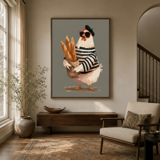 Whimsical chicken in sunglasses and beret illustration canvas displayed in bright entryway foyer with arched doorway