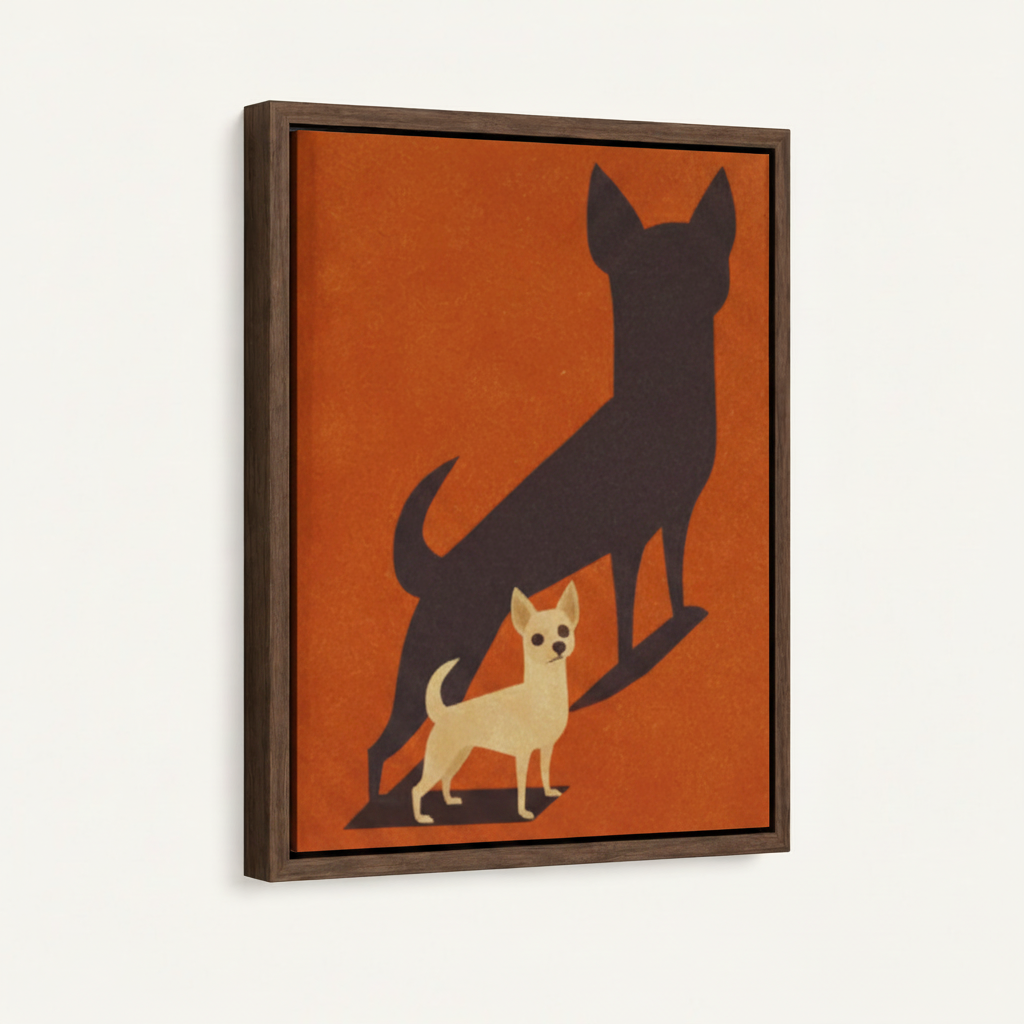 Retro Chihuahua big shadow canvas print dark walnut float frame 3/4 angle product mockup view