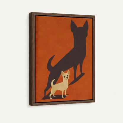 Retro Chihuahua big shadow canvas print dark walnut float frame 3/4 angle product mockup view