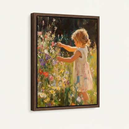 Impressionist girl wildflower canvas in dark walnut float frame, 3/4 angle showing frame depth