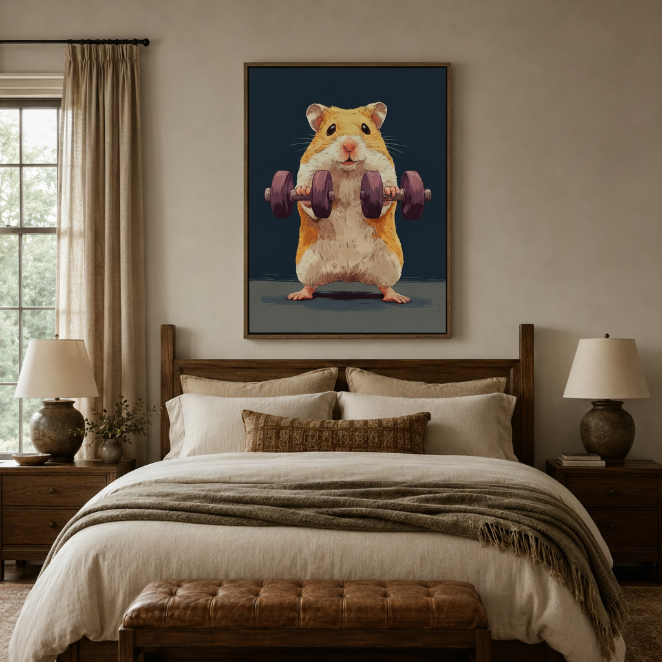 Cute hamster lifting weights framed wall art hanging above bed in neutral bedroom
