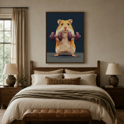 Cute hamster lifting weights framed wall art hanging above bed in neutral bedroom