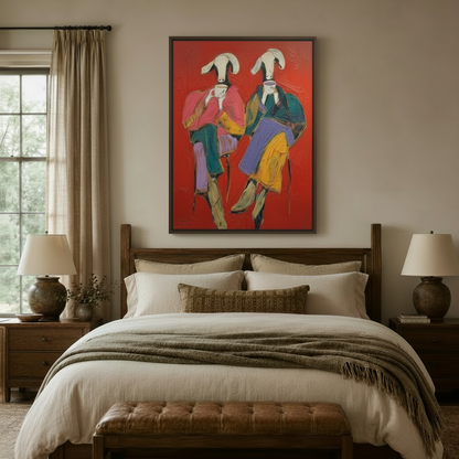 Expressive pop art canvas print in float frame above bedroom headboard