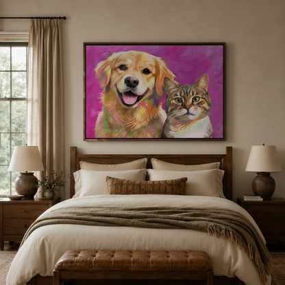 Dog and cat portrait canvas print above bed in cozy neutral bedroom with ceramic lamps