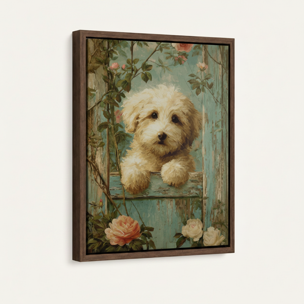 Framed vintage puppy rose garden canvas print in dark walnut float frame on soft off-white background