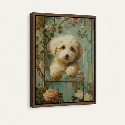 Framed vintage puppy rose garden canvas print in dark walnut float frame on soft off-white background