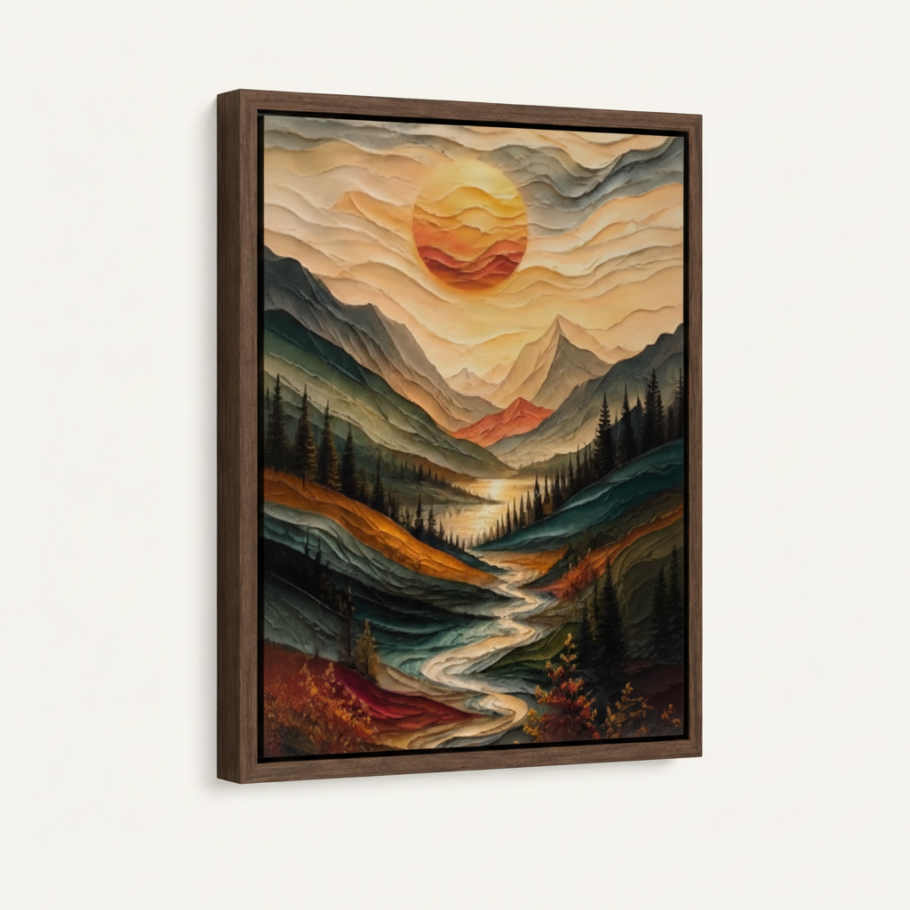 Mountain valley river sunset textured canvas in dark walnut float frame, portrait orientation, 3/4 angle wall display