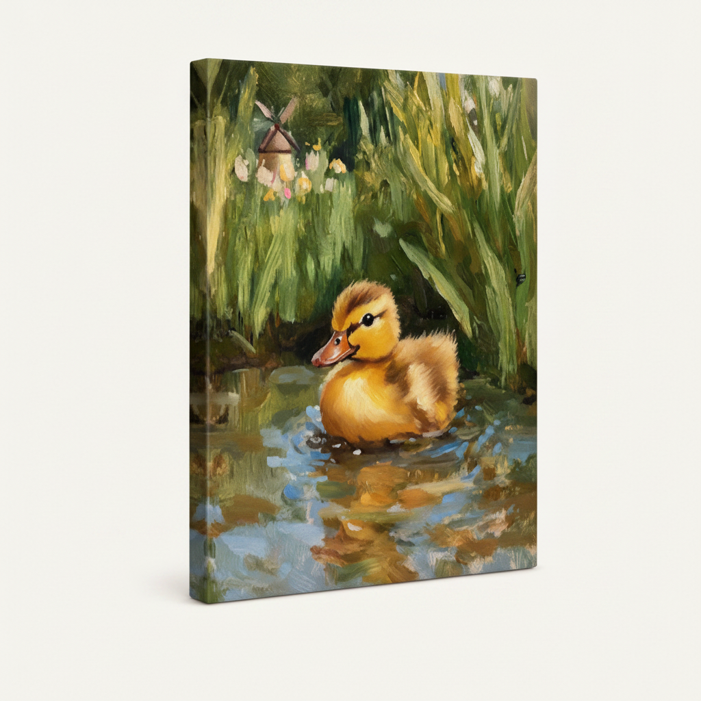Duckling pond impressionist gallery wrap canvas side view showing depth with deep green wrapped edges on cream background