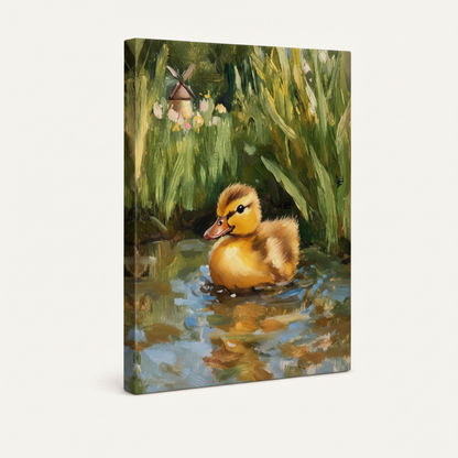 Duckling pond impressionist gallery wrap canvas side view showing depth with deep green wrapped edges on cream background