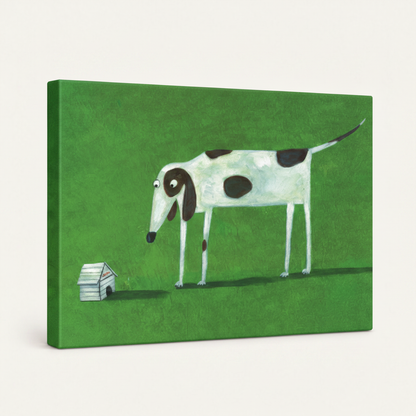 Gallery wrapped funny dog tiny house cartoon canvas side view bright green background wrapping edges