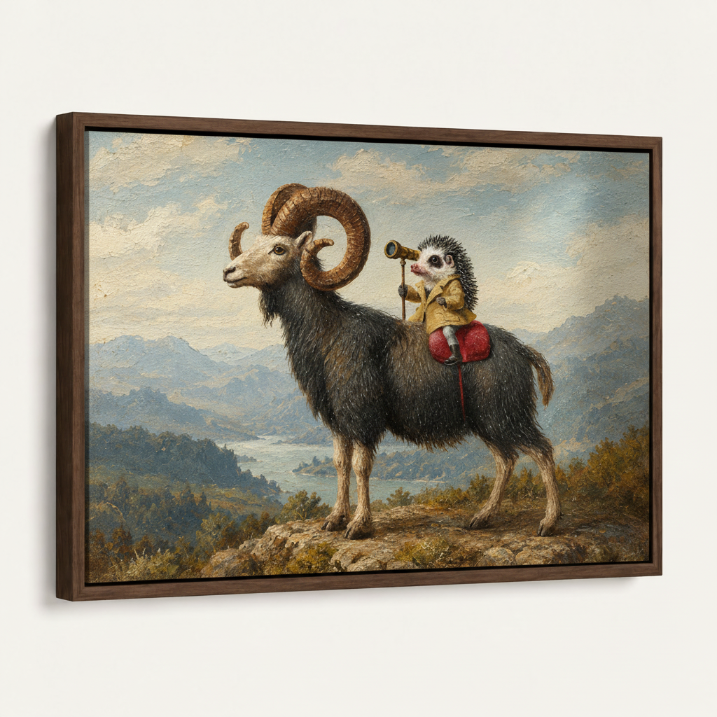 Framed hedgehog and ram oil painting canvas art shown against a clean white background
