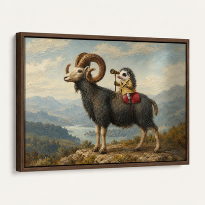 Framed hedgehog and ram oil painting canvas art shown against a clean white background