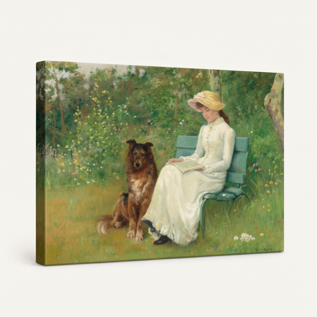 Gallery-wrapped Victorian garden scene canvas, 3/4 angle showing soft green garden tones wrapping around edges