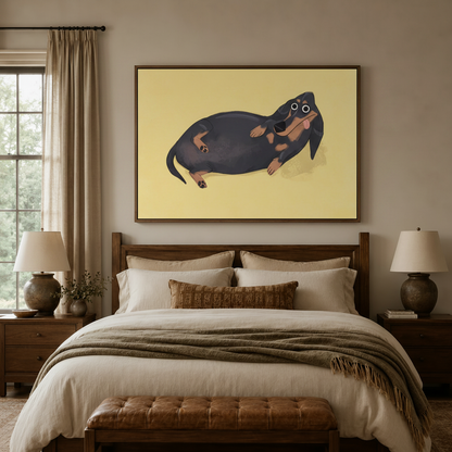 Cute dog canvas print above wooden bed headboard in cozy warm-toned bedroom