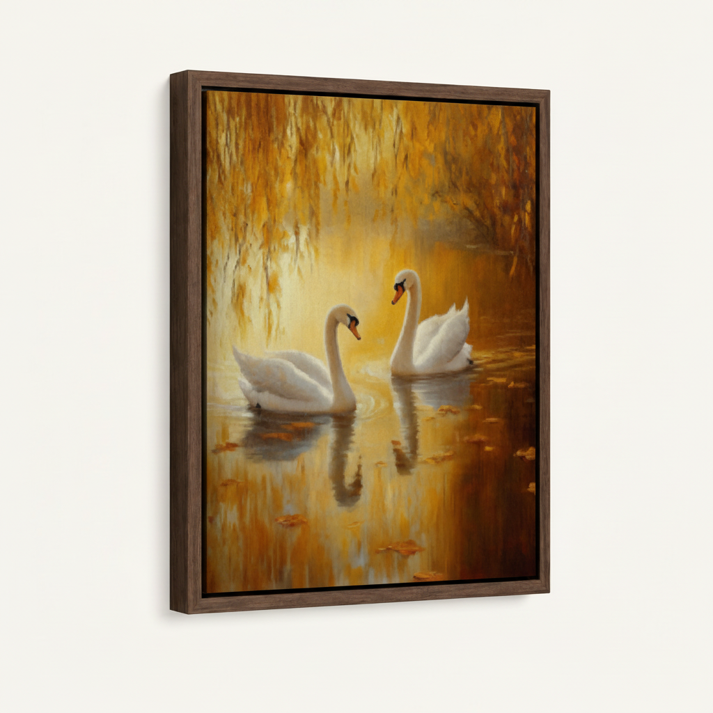 Two white swans autumn canvas in dark walnut float frame, portrait orientation, 3/4 angle wall display