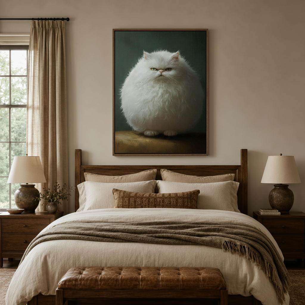 Funny grumpy cat portrait framed canvas above rustic wooden bed in a warm neutral farmhouse bedroom