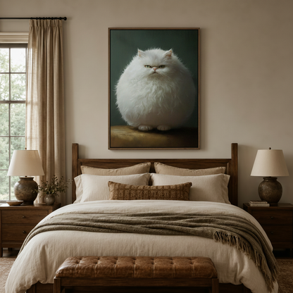 Funny grumpy cat portrait framed canvas above rustic wooden bed in a warm neutral farmhouse bedroom