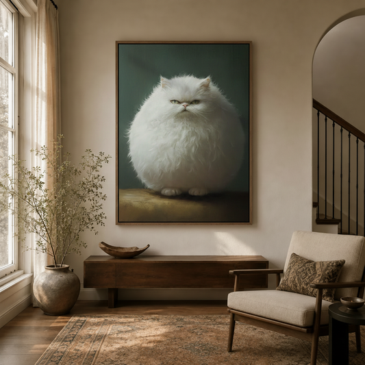 Grumpy white Persian cat portrait framed canvas displayed above wooden console in a neutral entryway