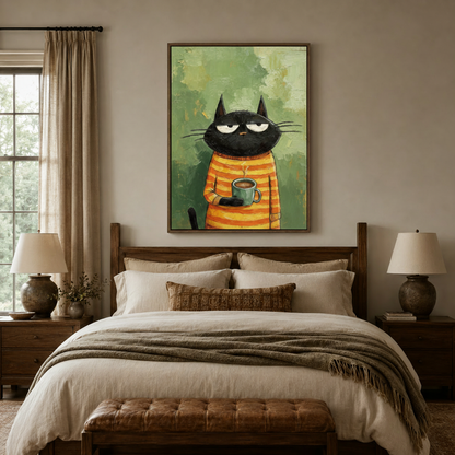 Funny grumpy cat wall art canvas above wooden bed headboard in a warm earthy bedroom setting
