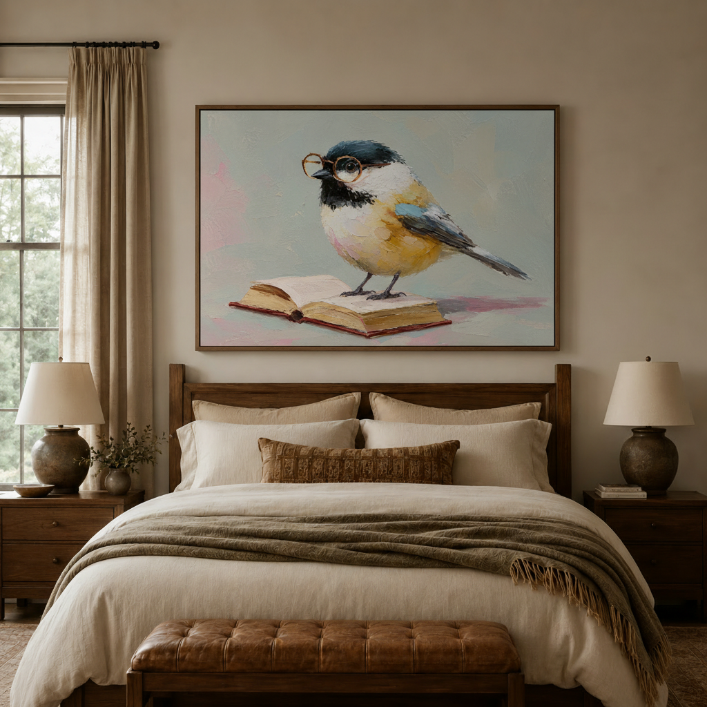 Chickadee wearing glasses canvas print hung as charming bedroom wall art