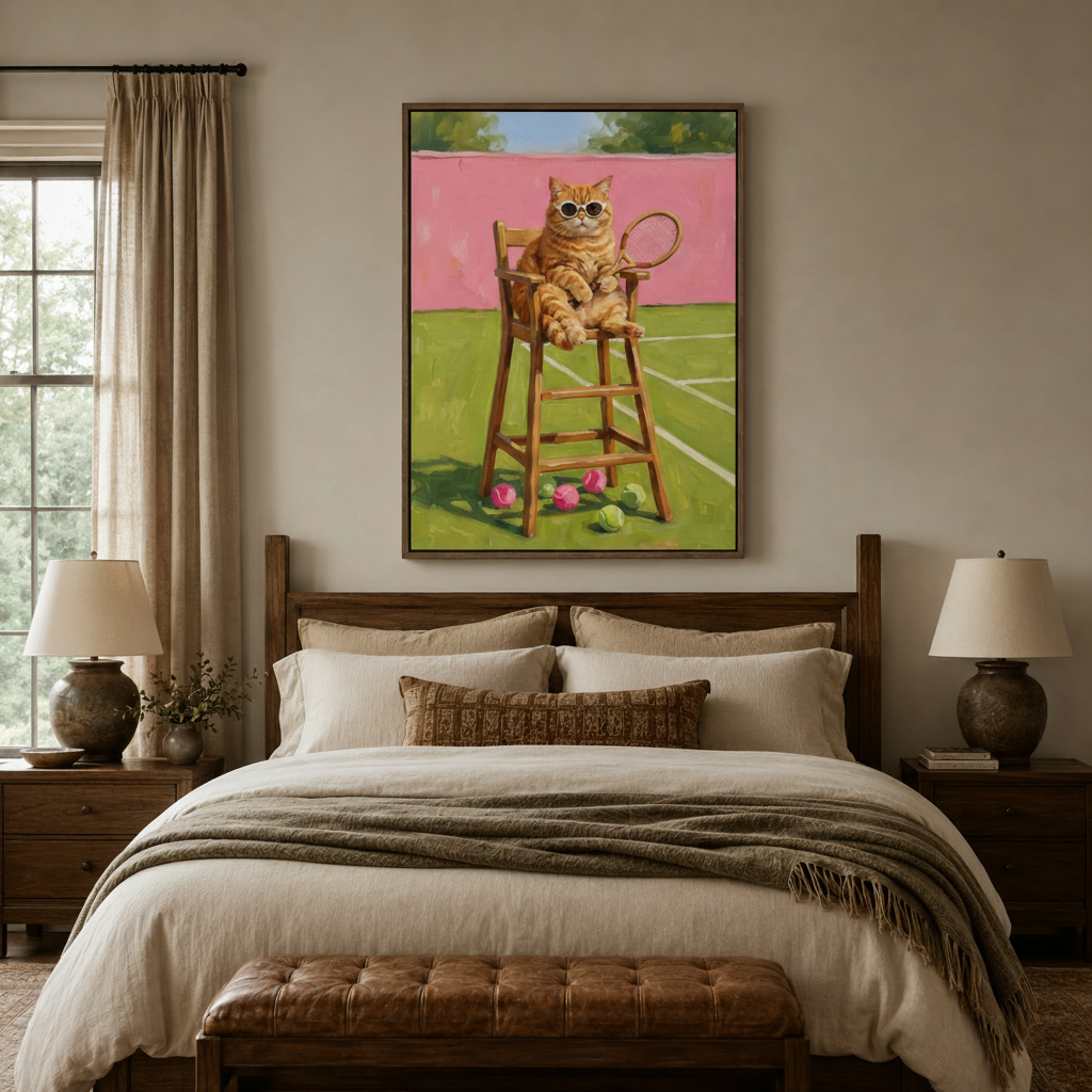 Impressionist cat canvas art print above a bed in a cozy neutral bedroom setting