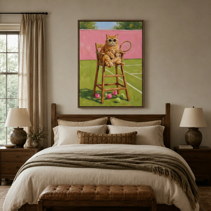 Impressionist cat canvas art print above a bed in a cozy neutral bedroom setting