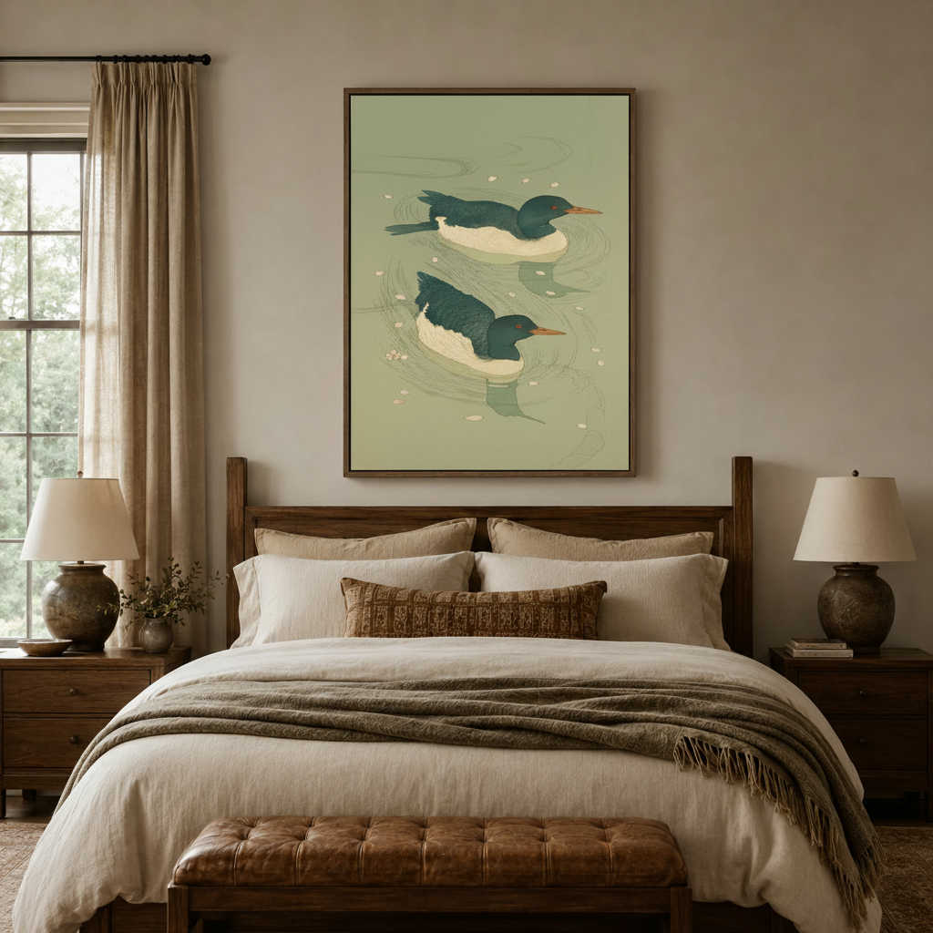 ducks ukiyo-e canvas print in walnut frame above a linen bed in a warm neutral bedroom