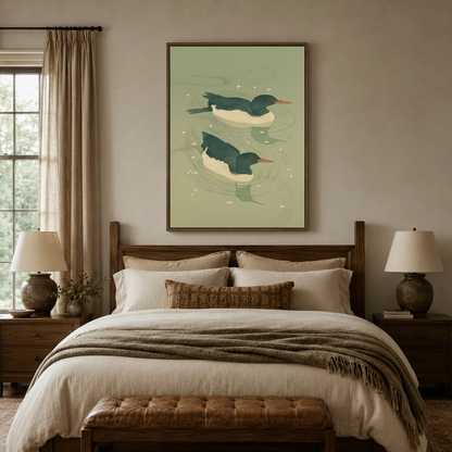 ducks ukiyo-e canvas print in walnut frame above a linen bed in a warm neutral bedroom