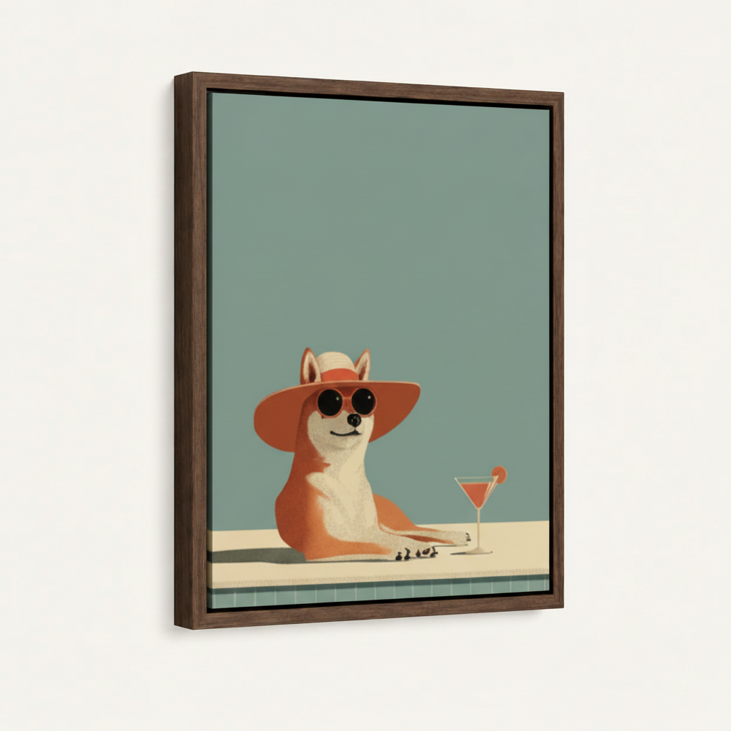 Angled close-up of framed corgi pool canvas in dark walnut float frame showing teal background and sun hat detail