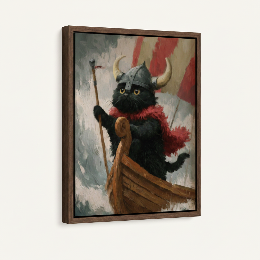 Framed Viking cat canvas print in dark walnut float frame angled view