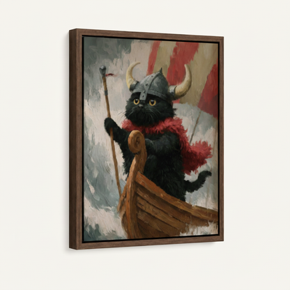 Framed Viking cat canvas print in dark walnut float frame angled view