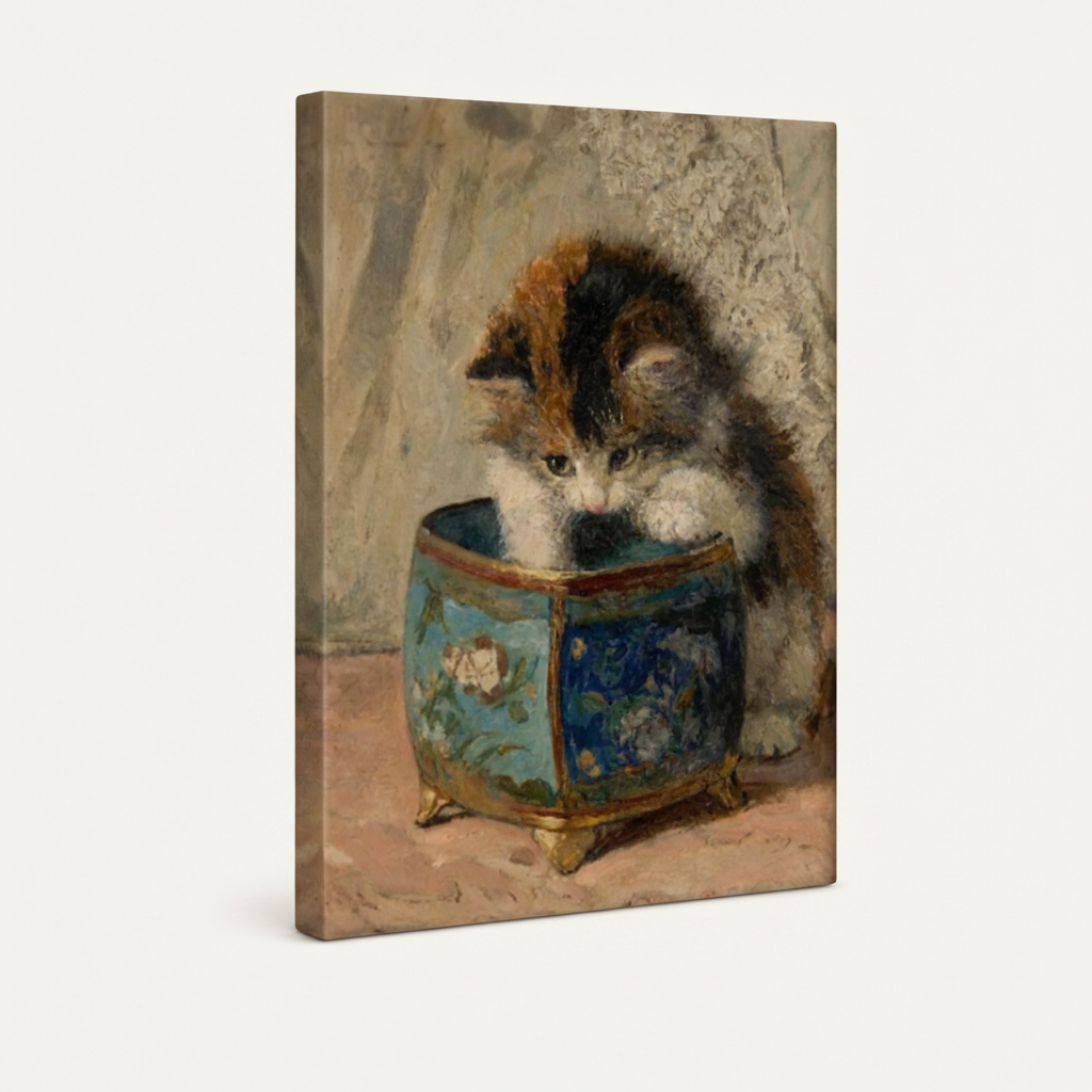 Gallery-wrapped Victorian kitten jewelry box classical canvas showing warm cream wrap edges, no frame, 3/4 angle