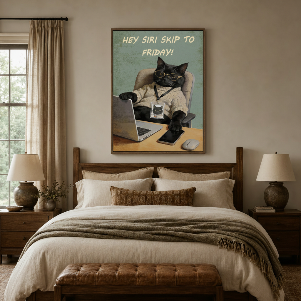  Humorous office cat canvas print above bed in cozy bedroom, framed wall art decor