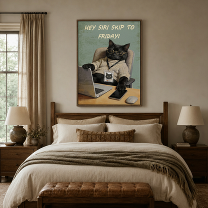  Humorous office cat canvas print above bed in cozy bedroom, framed wall art decor
