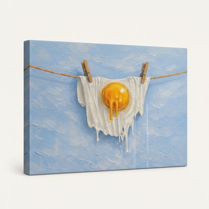 Gallery wrapped fried egg surrealist impasto canvas side view showing light blue background wrapping edges