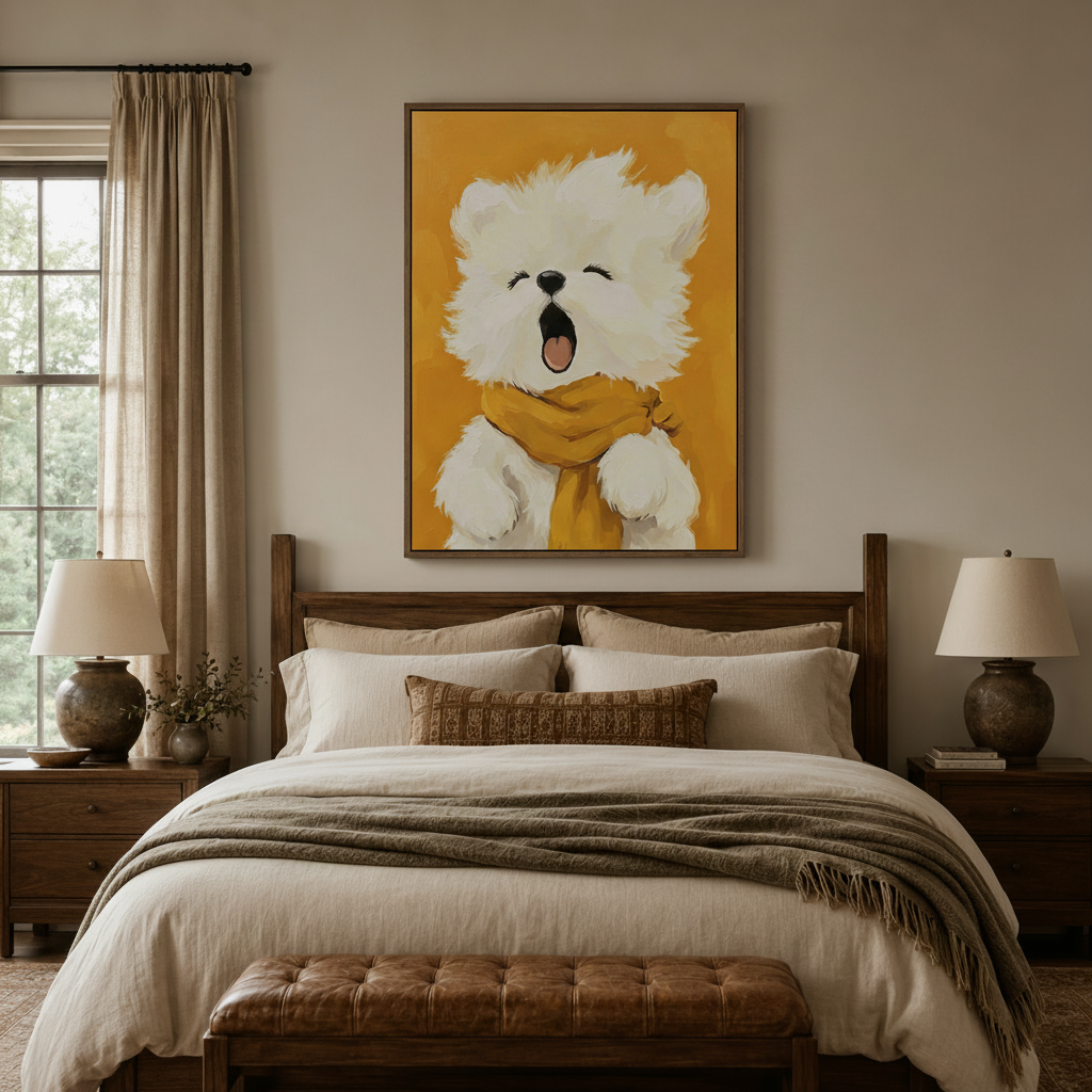 Whimsical bear oil painting framed canvas above wooden bed in cozy bedroom setting