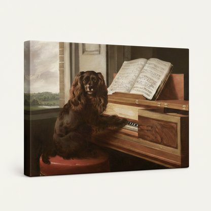 Gallery wrapped Spaniel piano Old Master canvas side view dark earthy tones wrapping edges no frame
