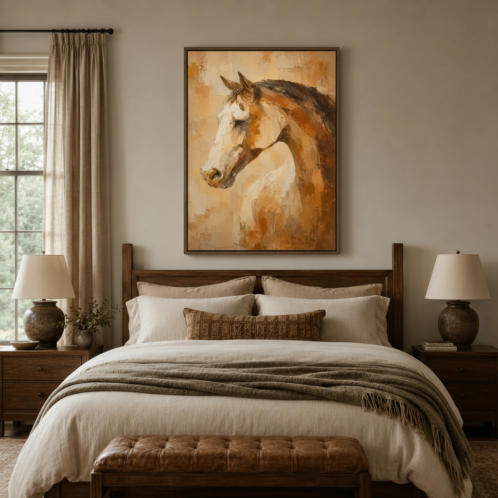Equestrian canvas print above bed in warm bedroom with linen bedding and dark wood furniture