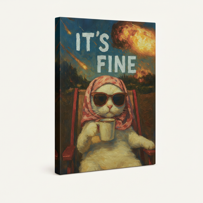 It's Fine cat meme funny gallery wrap canvas side view showing depth and dark-wrapped edges on off-white background
