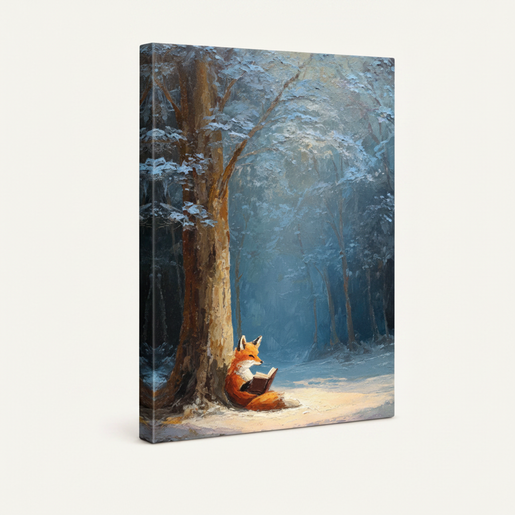 Gallery-wrapped fox reading winter forest canvas showing cool blue wrap edges, no frame, 3/4 angle view