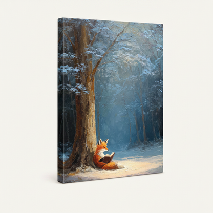 Gallery-wrapped fox reading winter forest canvas showing cool blue wrap edges, no frame, 3/4 angle view